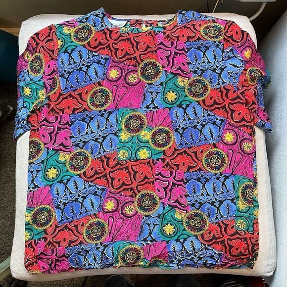 Vintage Tops - Vintage 80s 100% Silk Bright Colorful Print Sleeve, SZ L